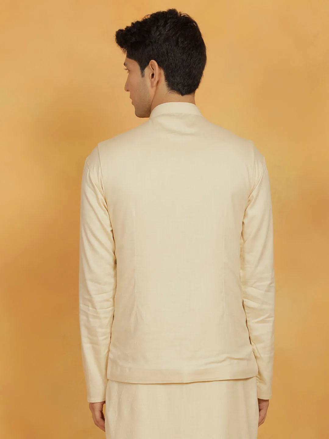 Jashvi Men's Cream Cotton Linen Nehru Jacket