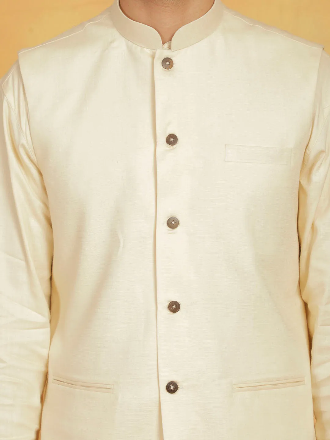 Jashvi Men's Cream Cotton Linen Nehru Jacket