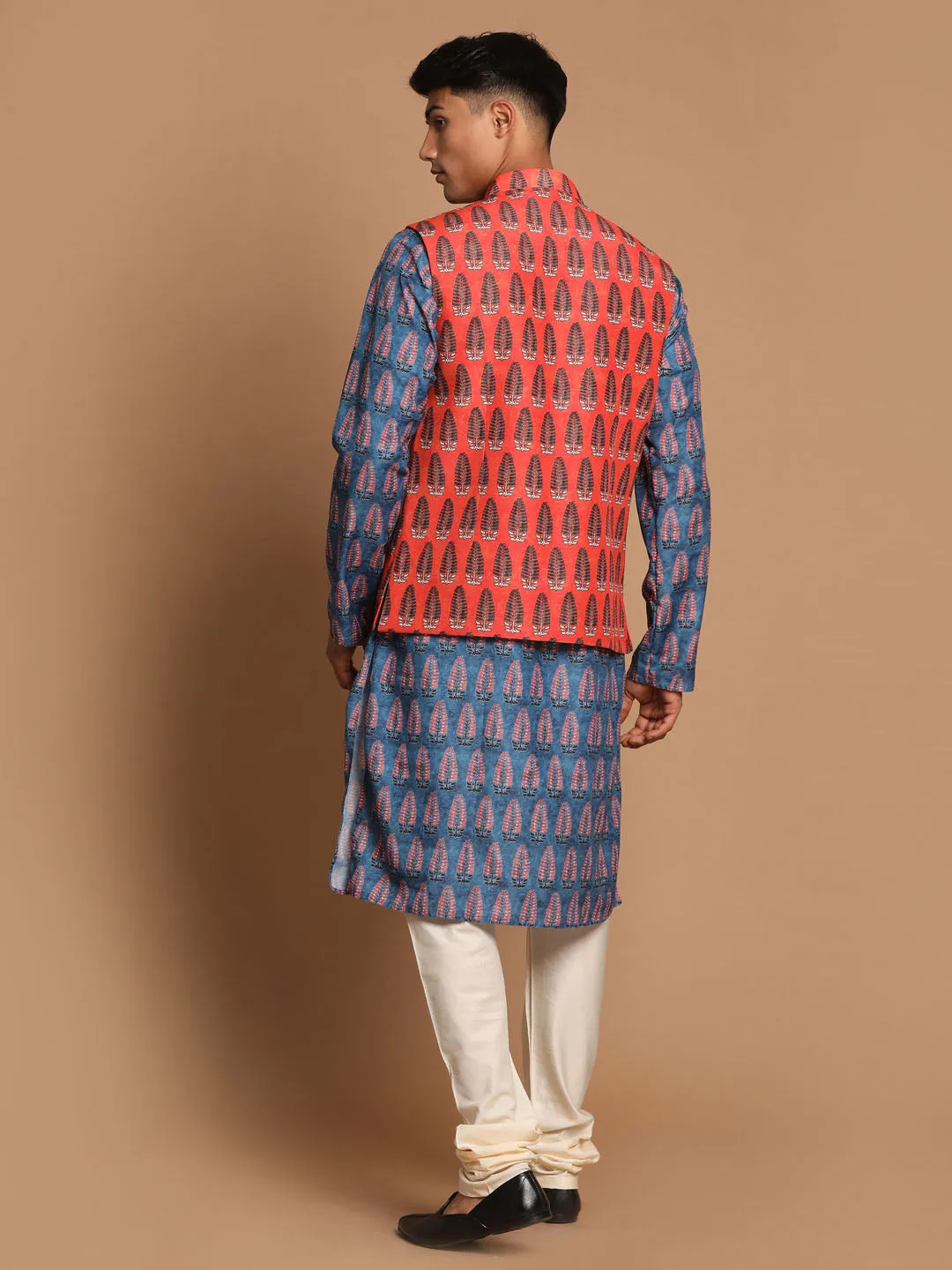 Jashvi Men's Orange Printed Nehru Jacket And Blue kurta With Pyjama Set