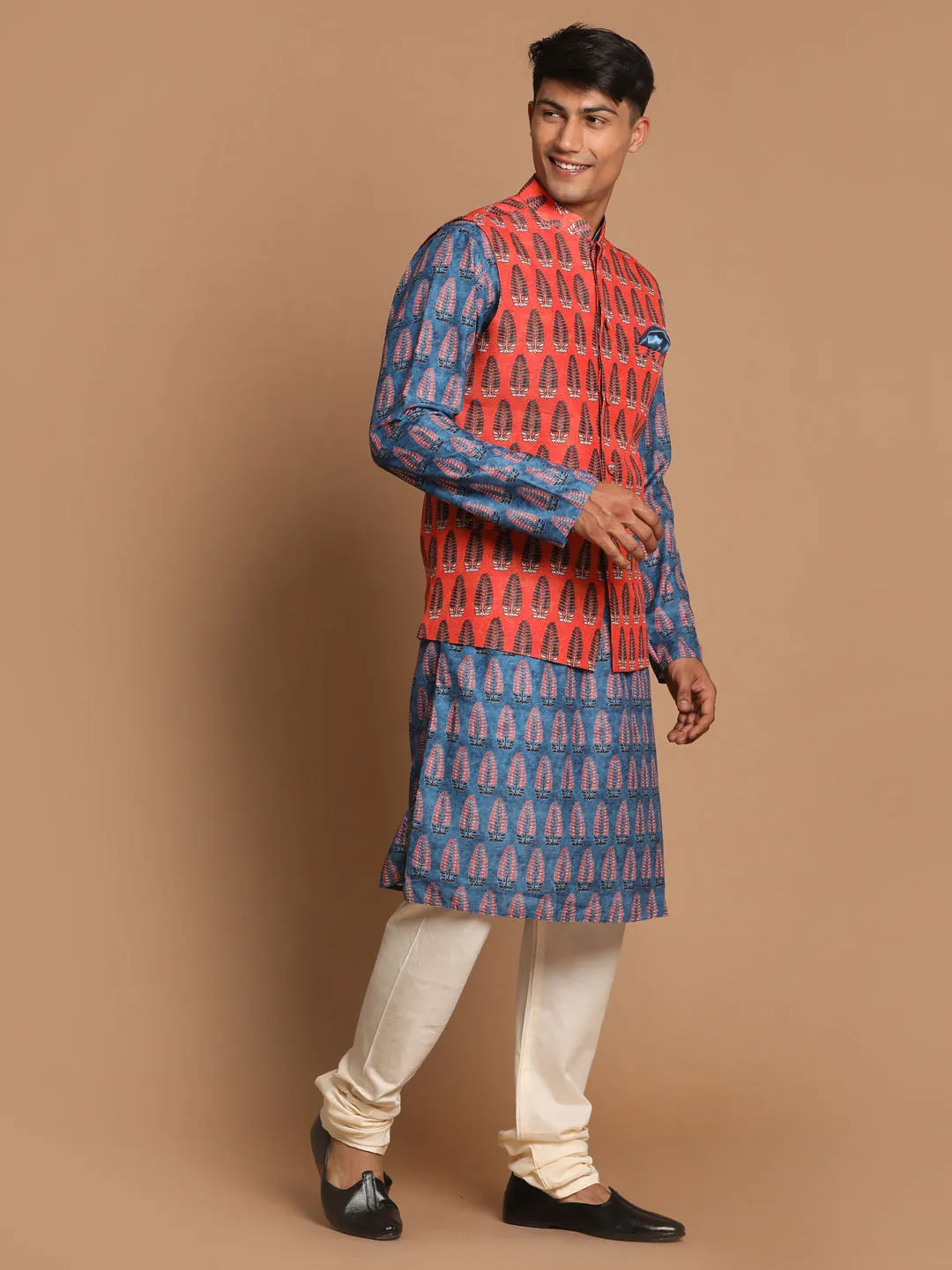 Jashvi Men's Orange Printed Nehru Jacket And Blue kurta With Pyjama Set