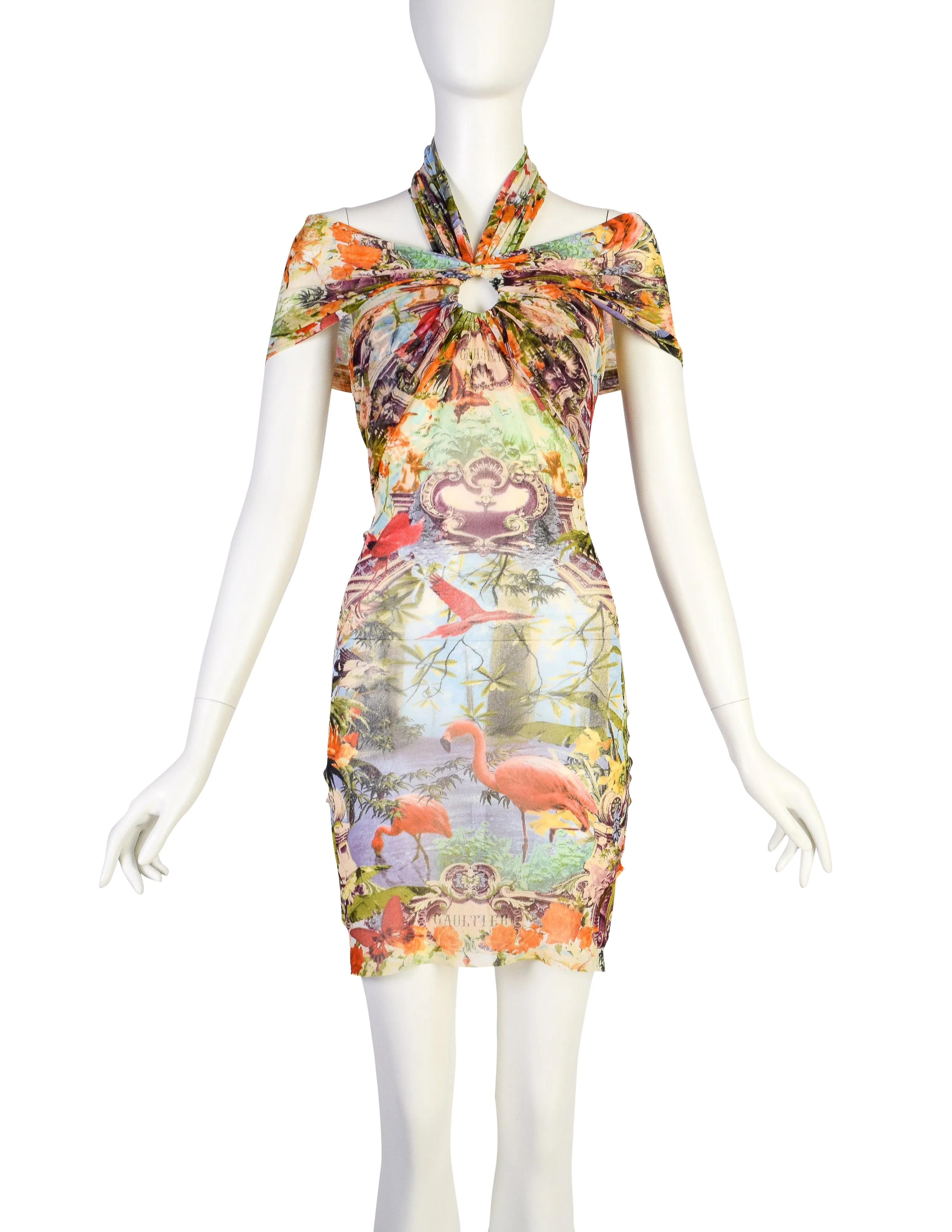 Jean Paul Gaultier Vintage SS 1999 Iconic Pastel Botanical Flamingo Print Mesh Mini Dress