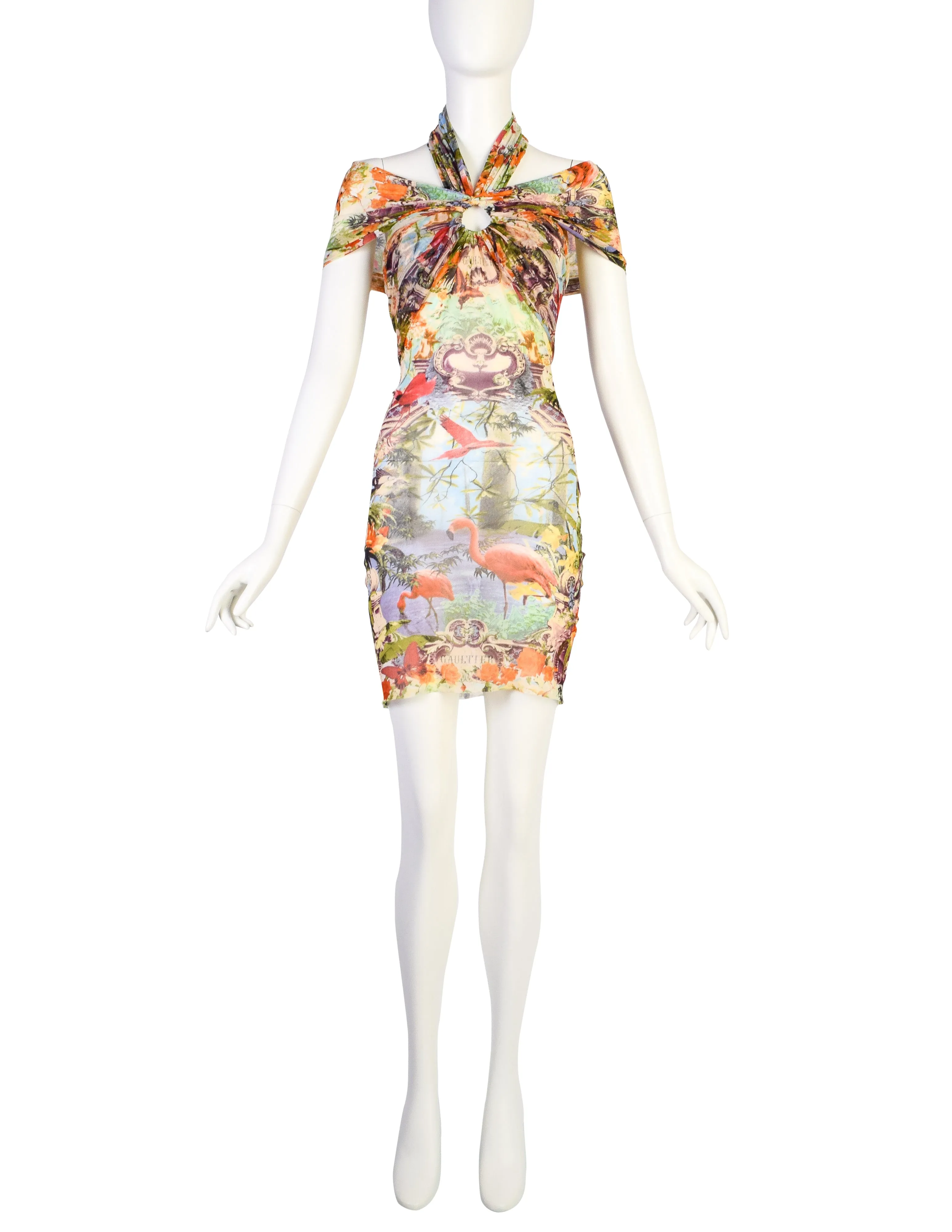 Jean Paul Gaultier Vintage SS 1999 Iconic Pastel Botanical Flamingo Print Mesh Mini Dress