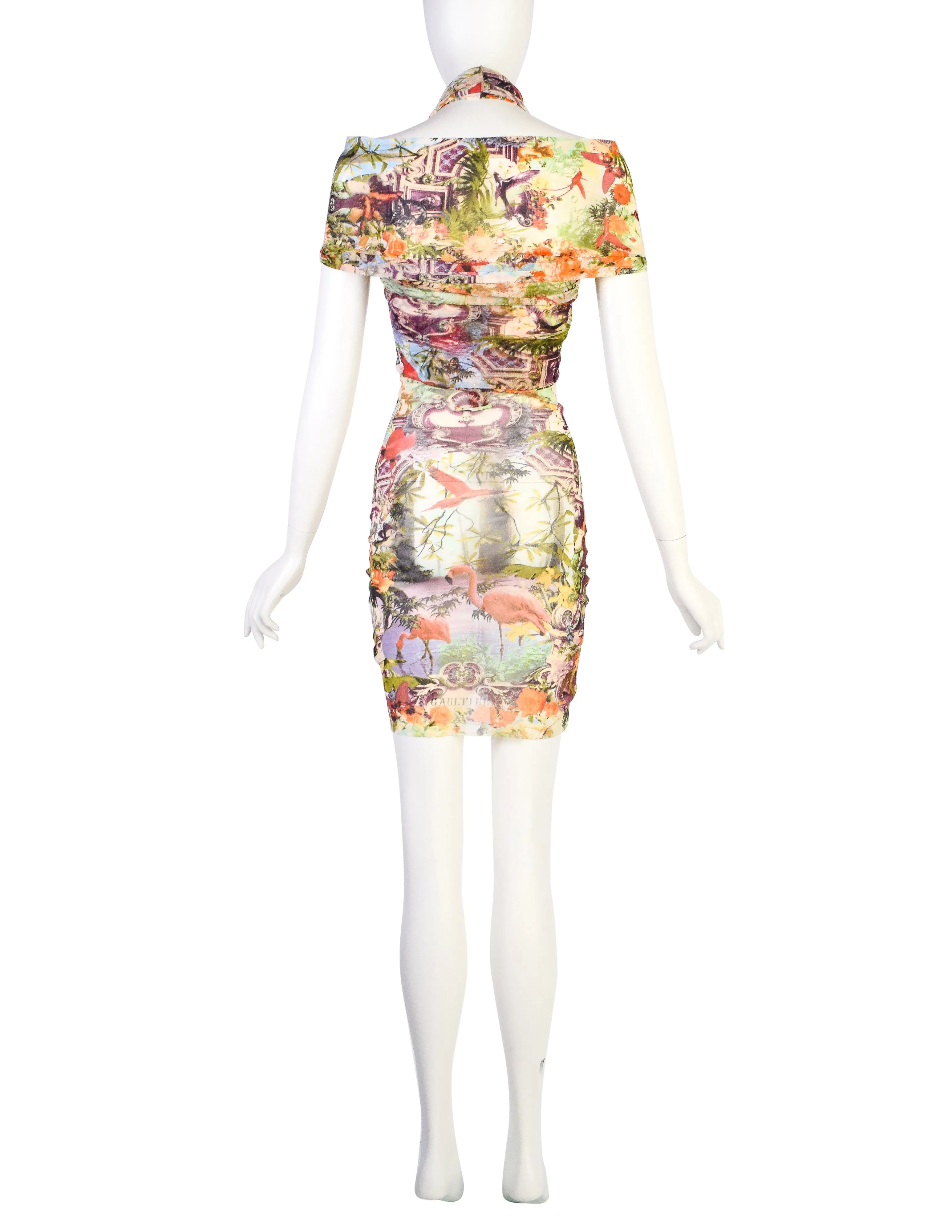 Jean Paul Gaultier Vintage SS 1999 Iconic Pastel Botanical Flamingo Print Mesh Mini Dress