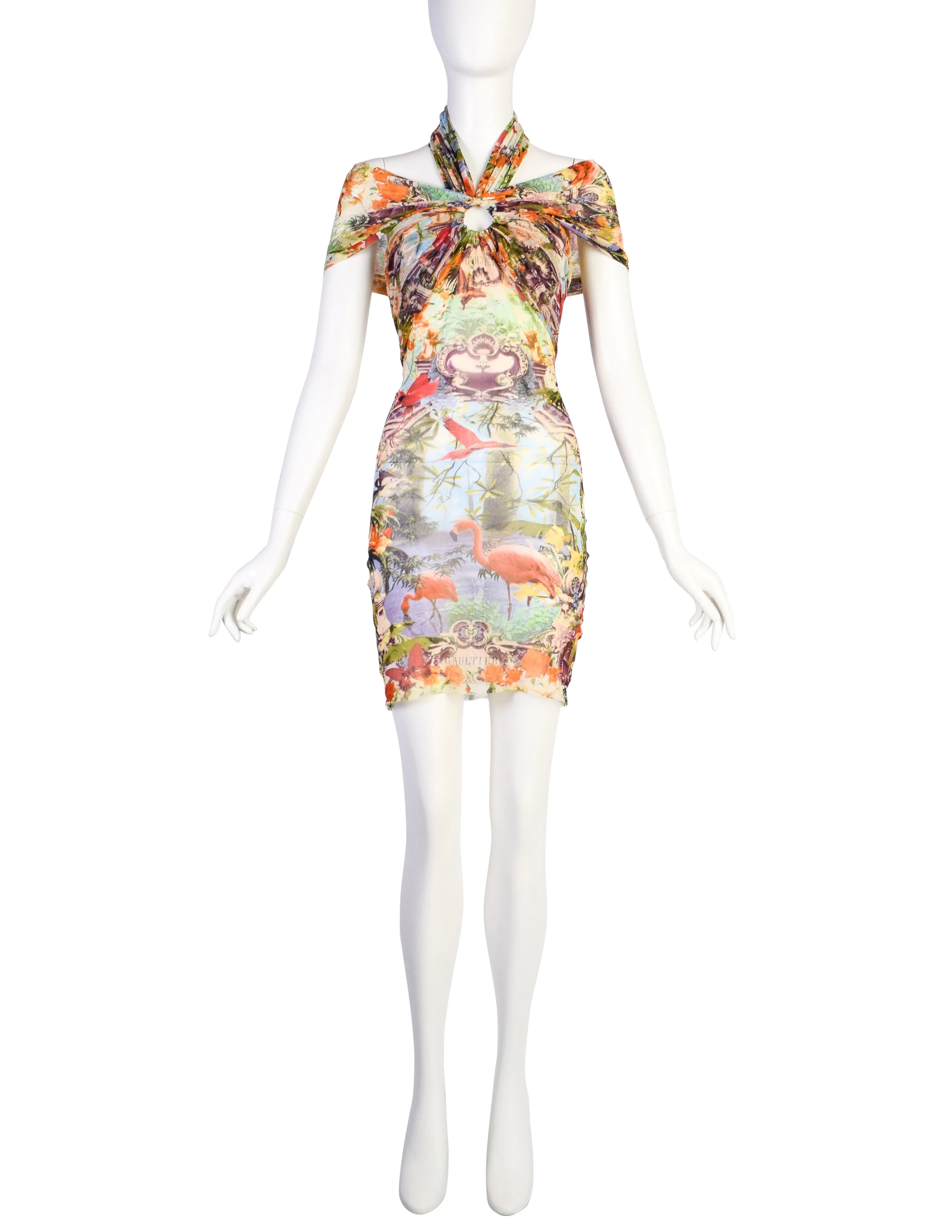 Jean Paul Gaultier Vintage SS 1999 Iconic Pastel Botanical Flamingo Print Mesh Mini Dress