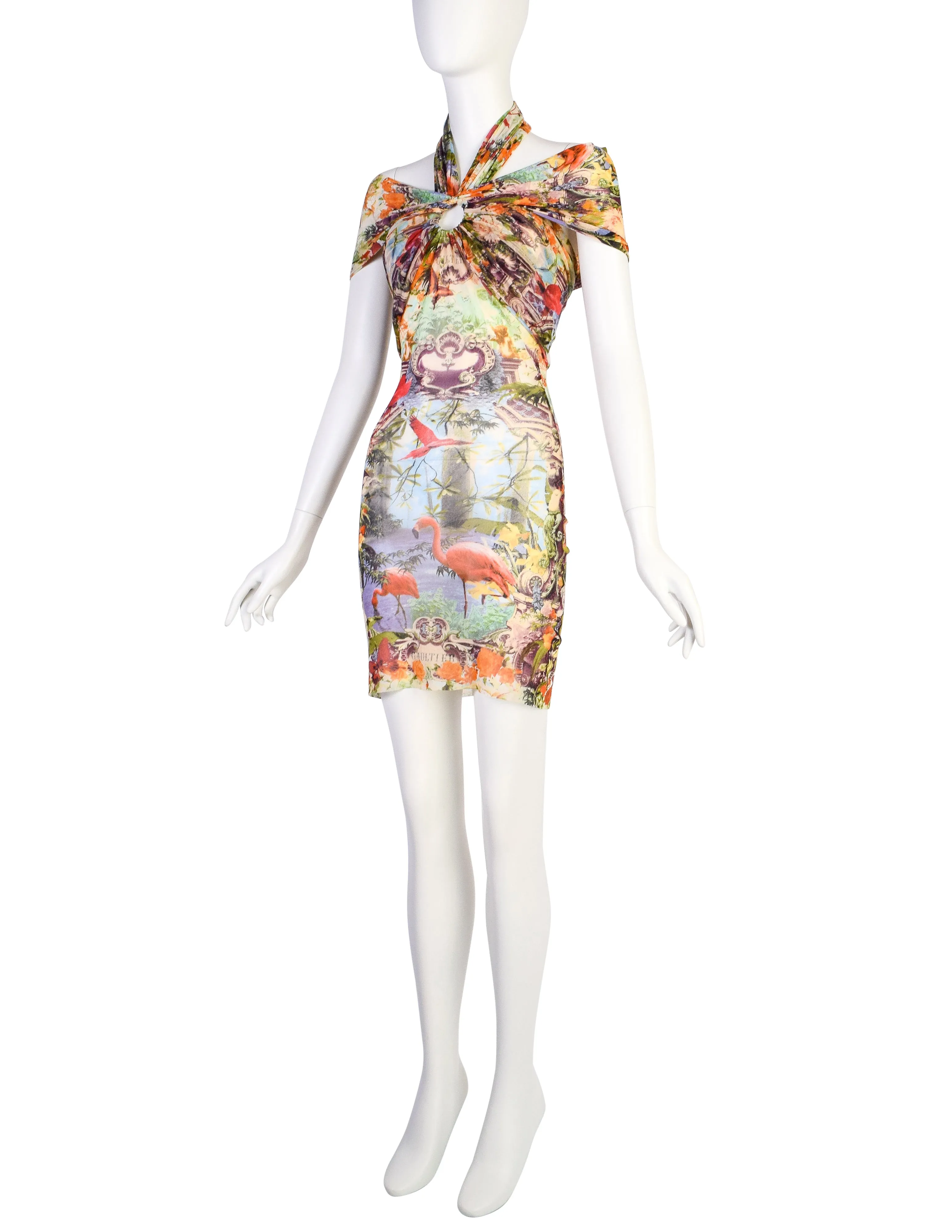 Jean Paul Gaultier Vintage SS 1999 Iconic Pastel Botanical Flamingo Print Mesh Mini Dress