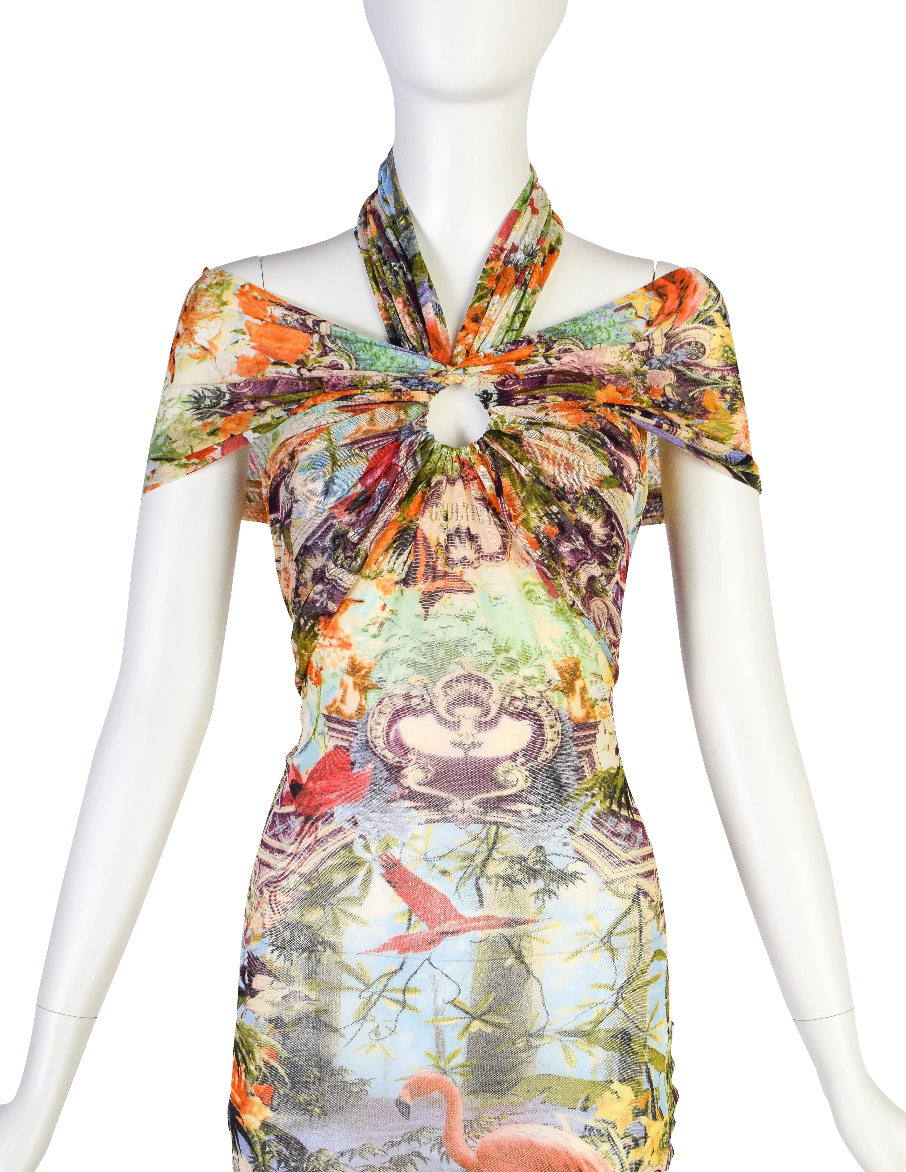 Jean Paul Gaultier Vintage SS 1999 Iconic Pastel Botanical Flamingo Print Mesh Mini Dress