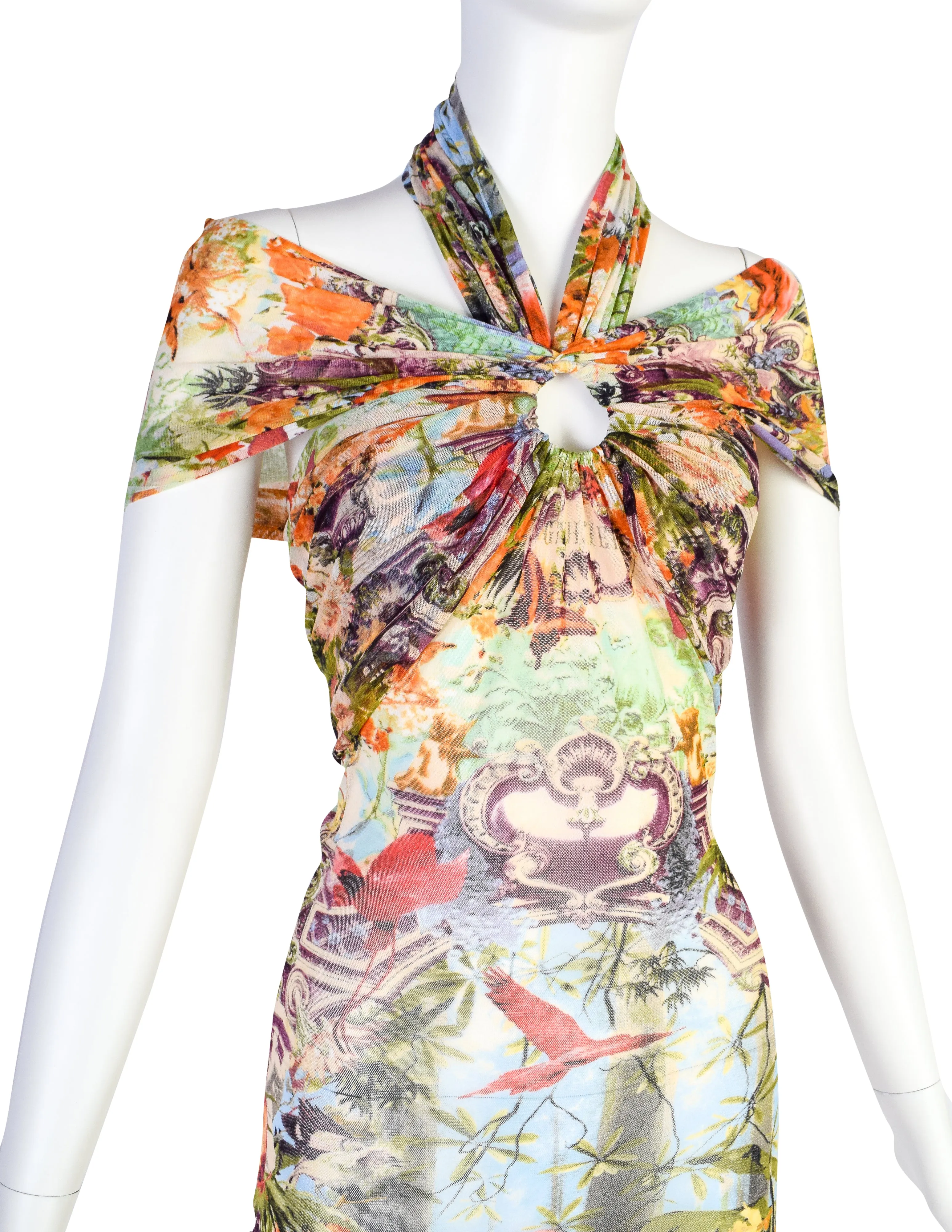 Jean Paul Gaultier Vintage SS 1999 Iconic Pastel Botanical Flamingo Print Mesh Mini Dress