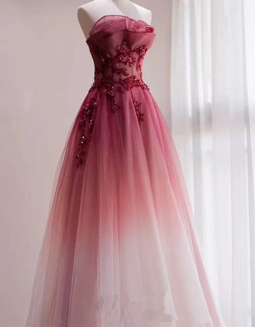 kamahe Beautiful Tulle Gradient with Beaded Long Party Dress, A-line Gradient Prom Dress