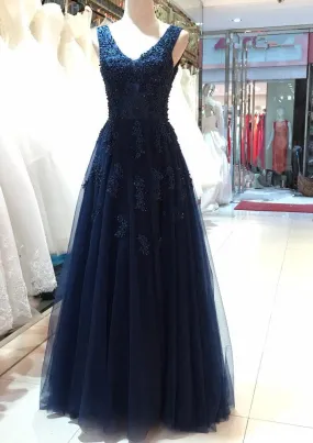 kamahe Tulle Dark Navy Prom Dress A-Line/Princess V-Neck Long/Floor-Length With Beaded Appliqued