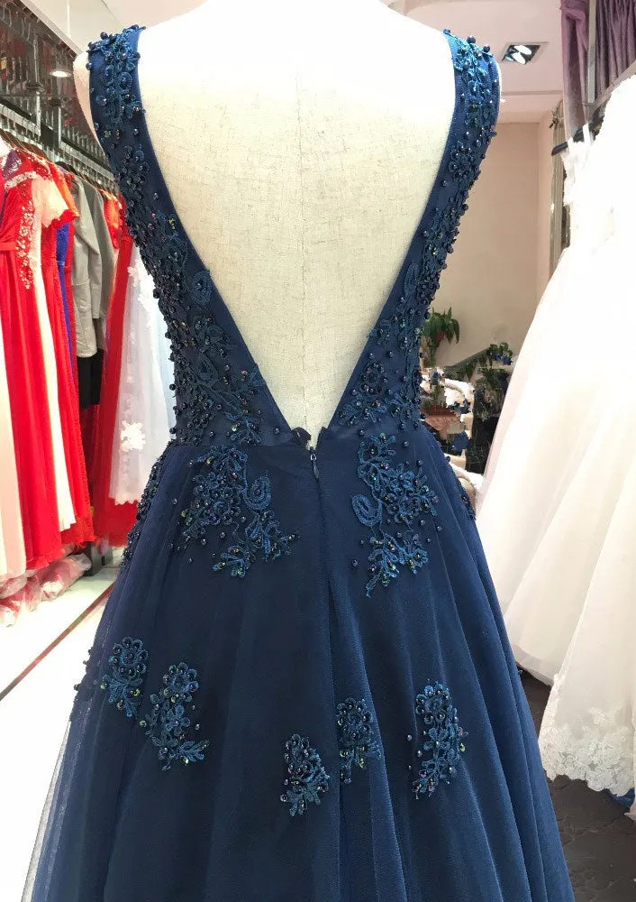 kamahe Tulle Dark Navy Prom Dress A-Line/Princess V-Neck Long/Floor-Length With Beaded Appliqued