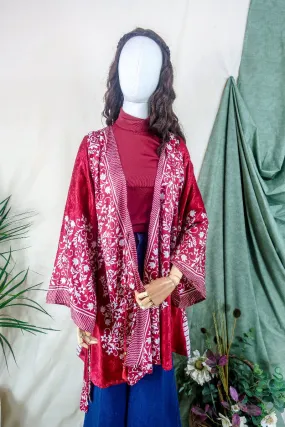 Karina Kimono Jacket - Vintage Sari - Ruby & Pearl Baroque Floral - Free Size S