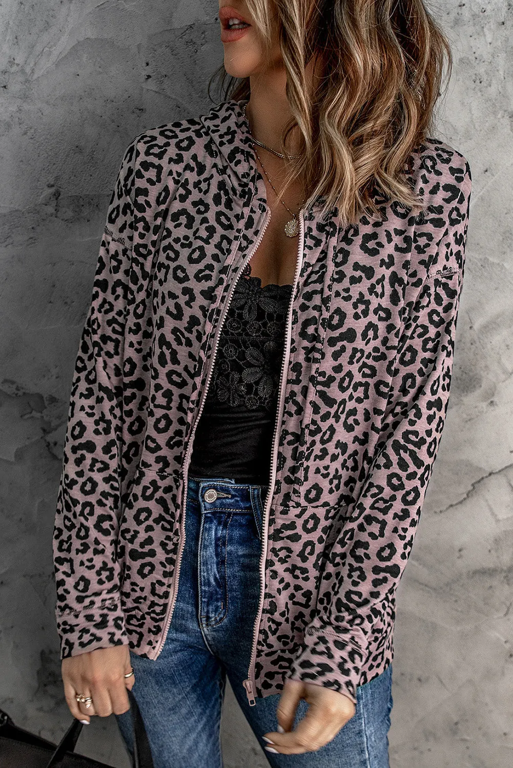 Leopard Print Zipper Hooded Coat With Pocket