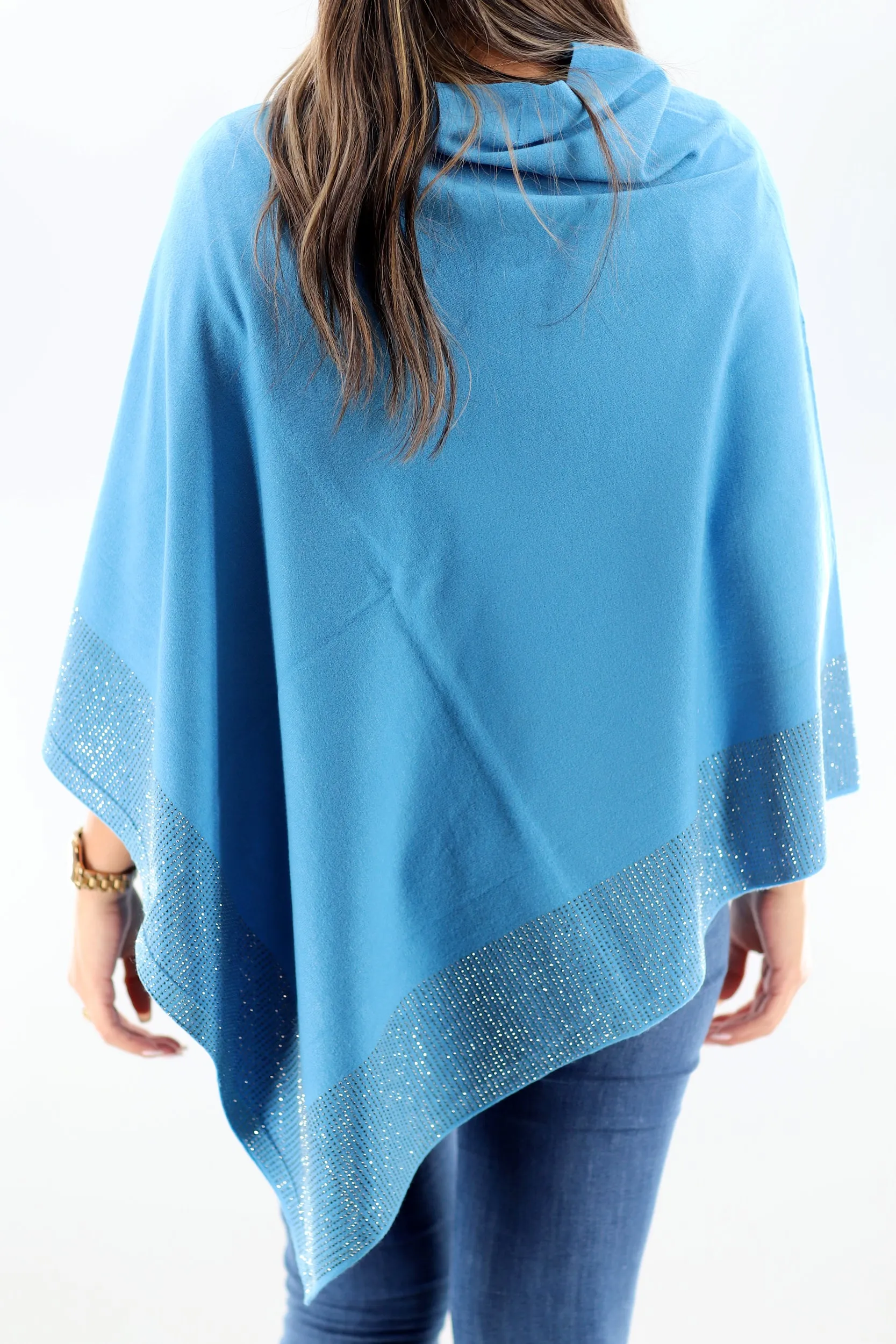 Lightweight Knitted Poncho with Embellished Border - Multiple Colors