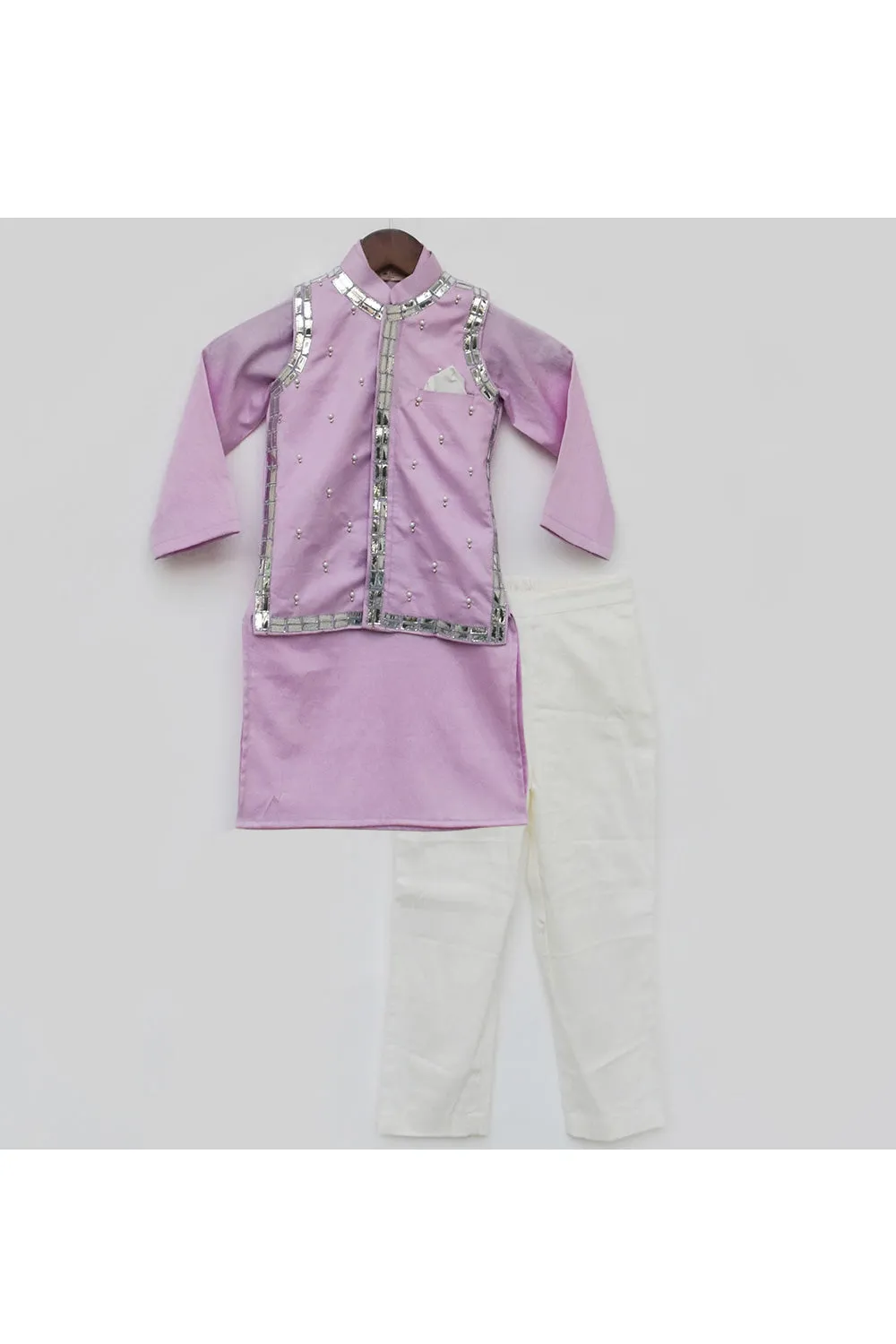 Lilac Cotton Silk Kurta With Pearl Embroidered Jacket Set