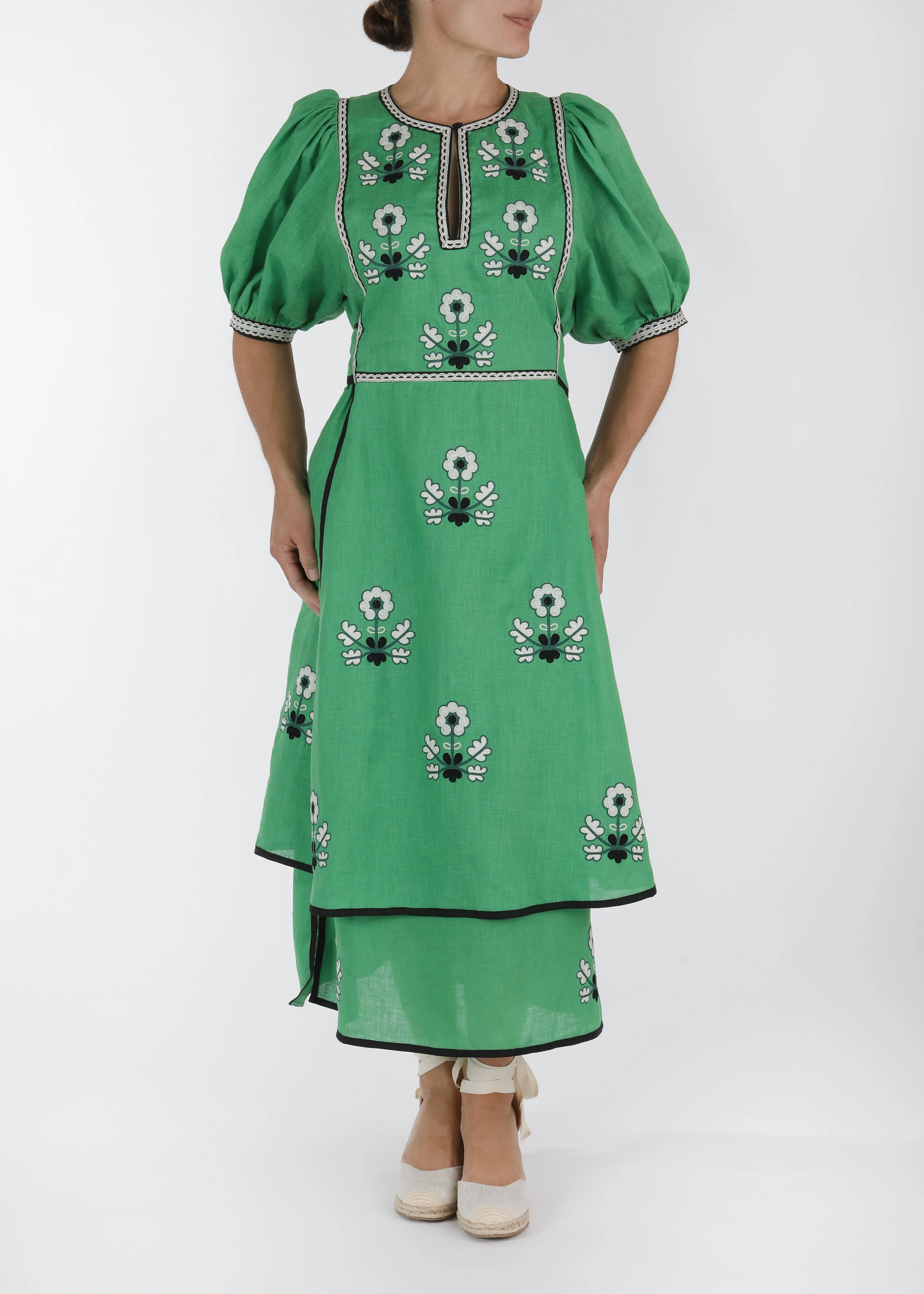 Lillie Ukrainian Embroidered Dress - Green, White