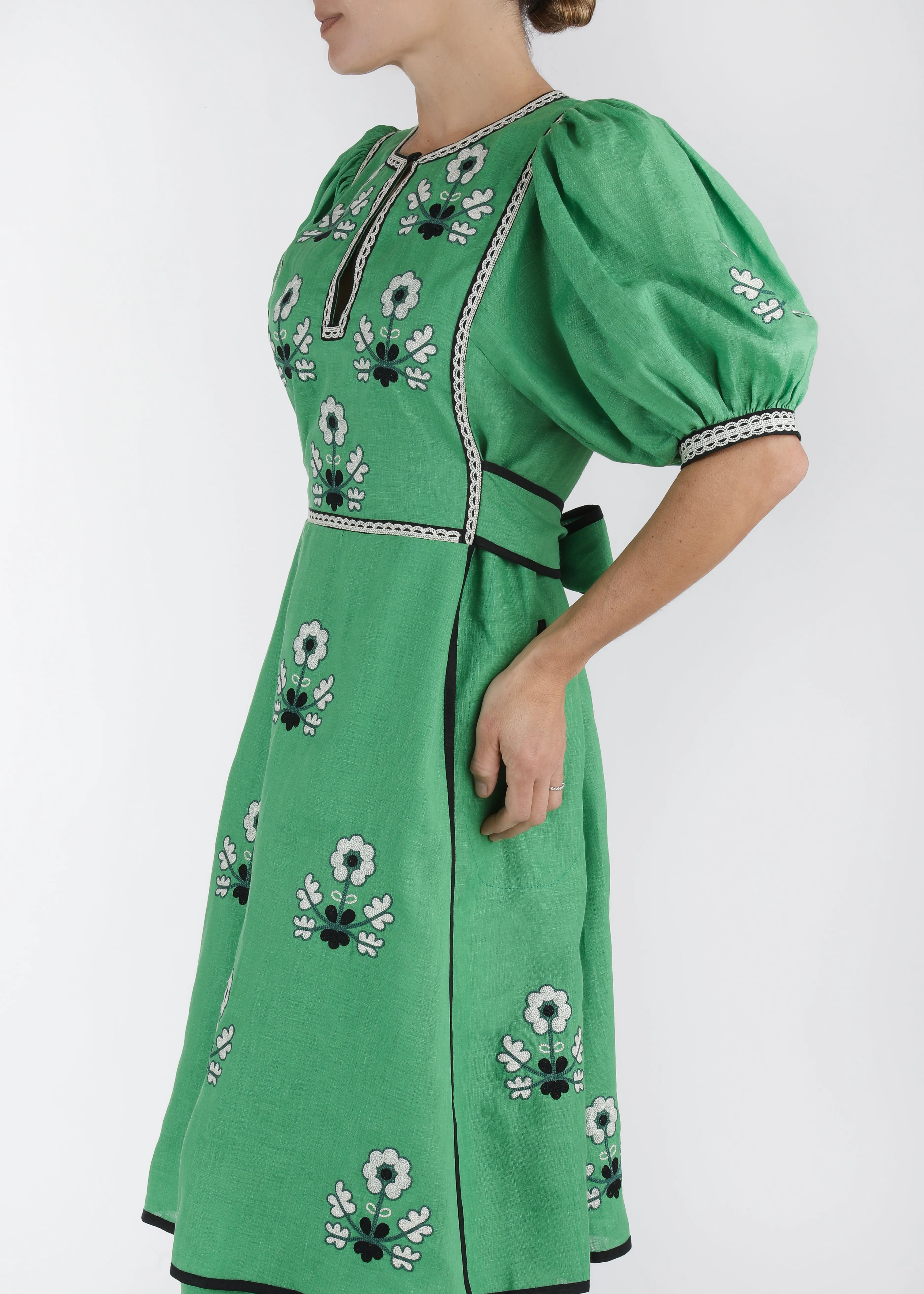 Lillie Ukrainian Embroidered Dress - Green, White