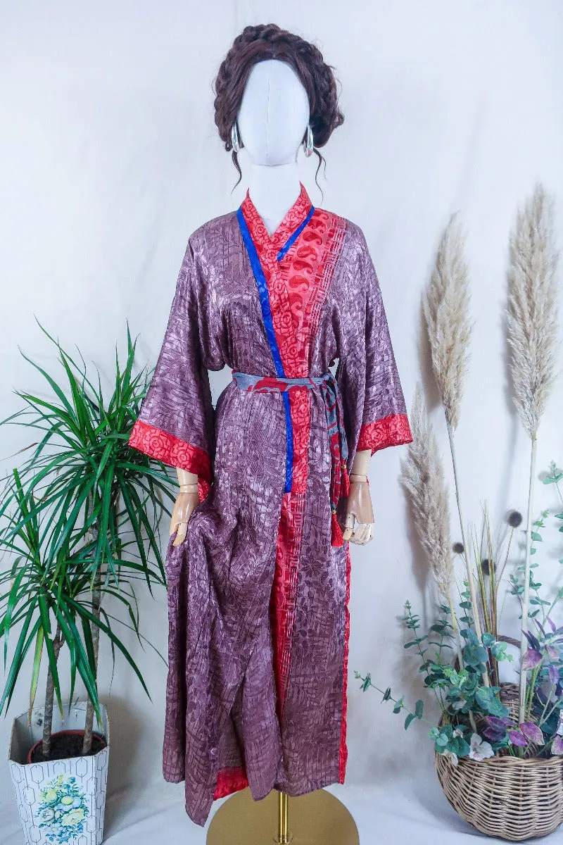 Lotus Kimono Dress - Dusky Mauve & Red Botanical - Vintage Sari - Free Size