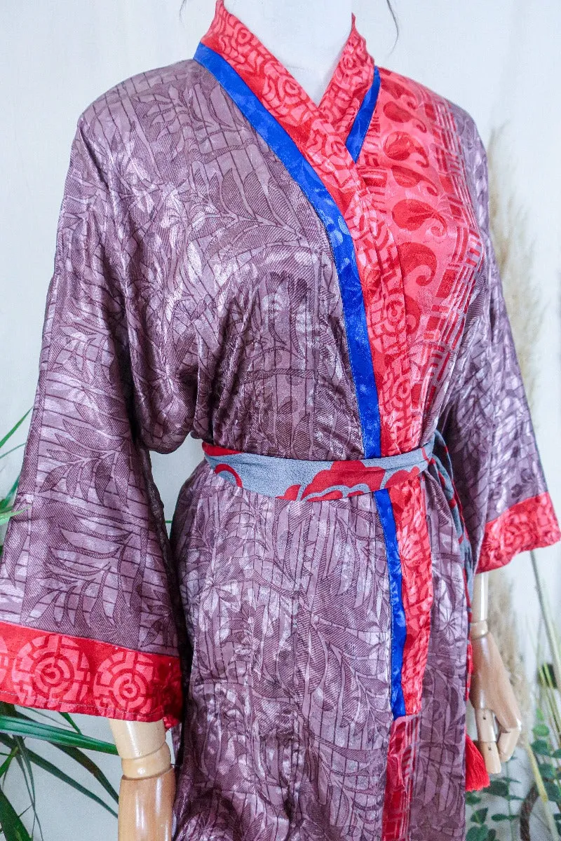 Lotus Kimono Dress - Dusky Mauve & Red Botanical - Vintage Sari - Free Size