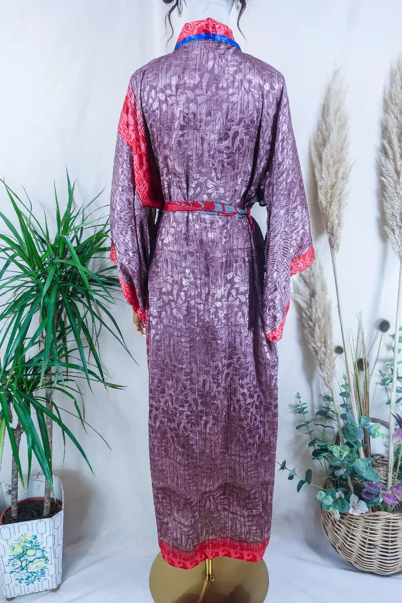 Lotus Kimono Dress - Dusky Mauve & Red Botanical - Vintage Sari - Free Size