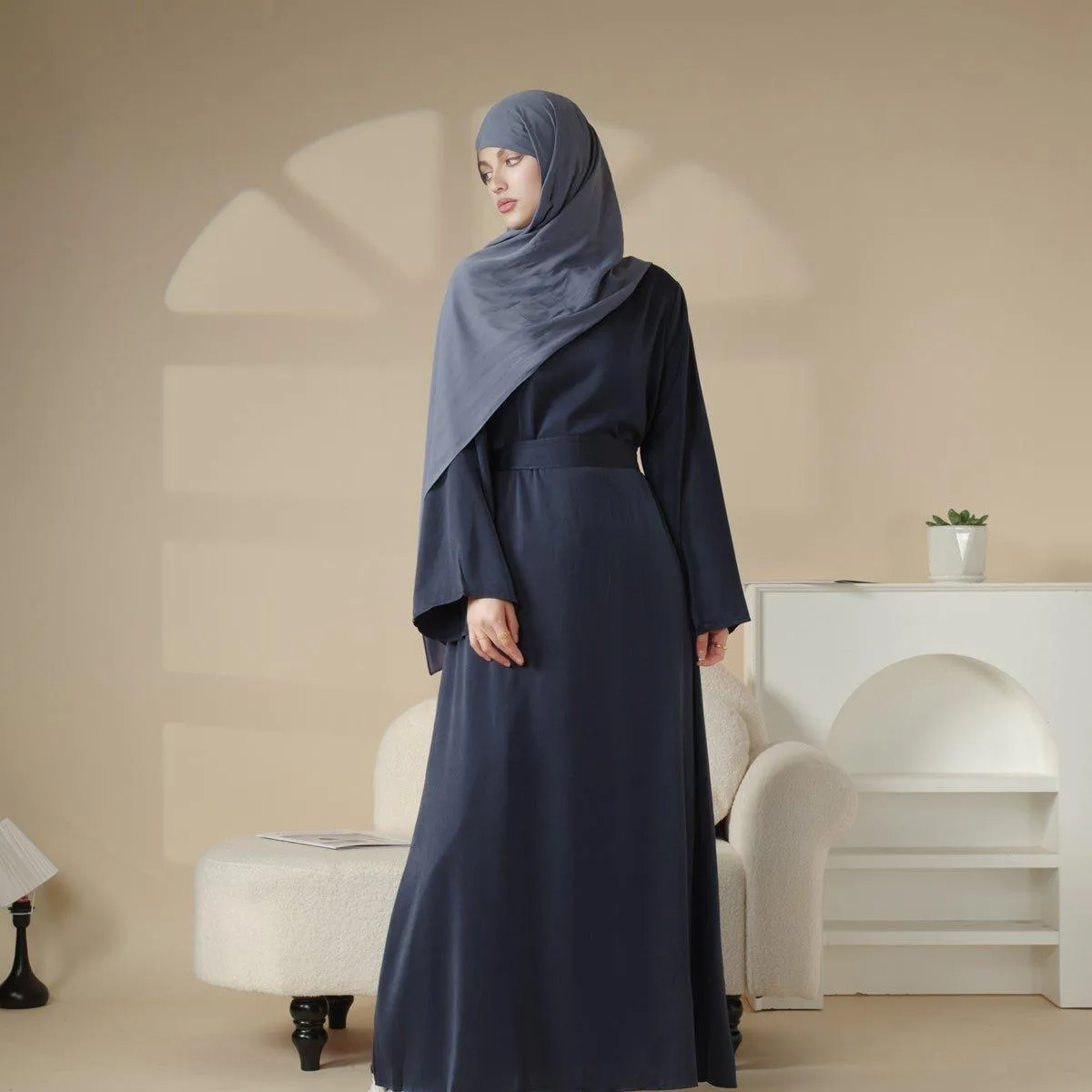 MA030 Satin Double Pocket Concealed Button Plain Abaya