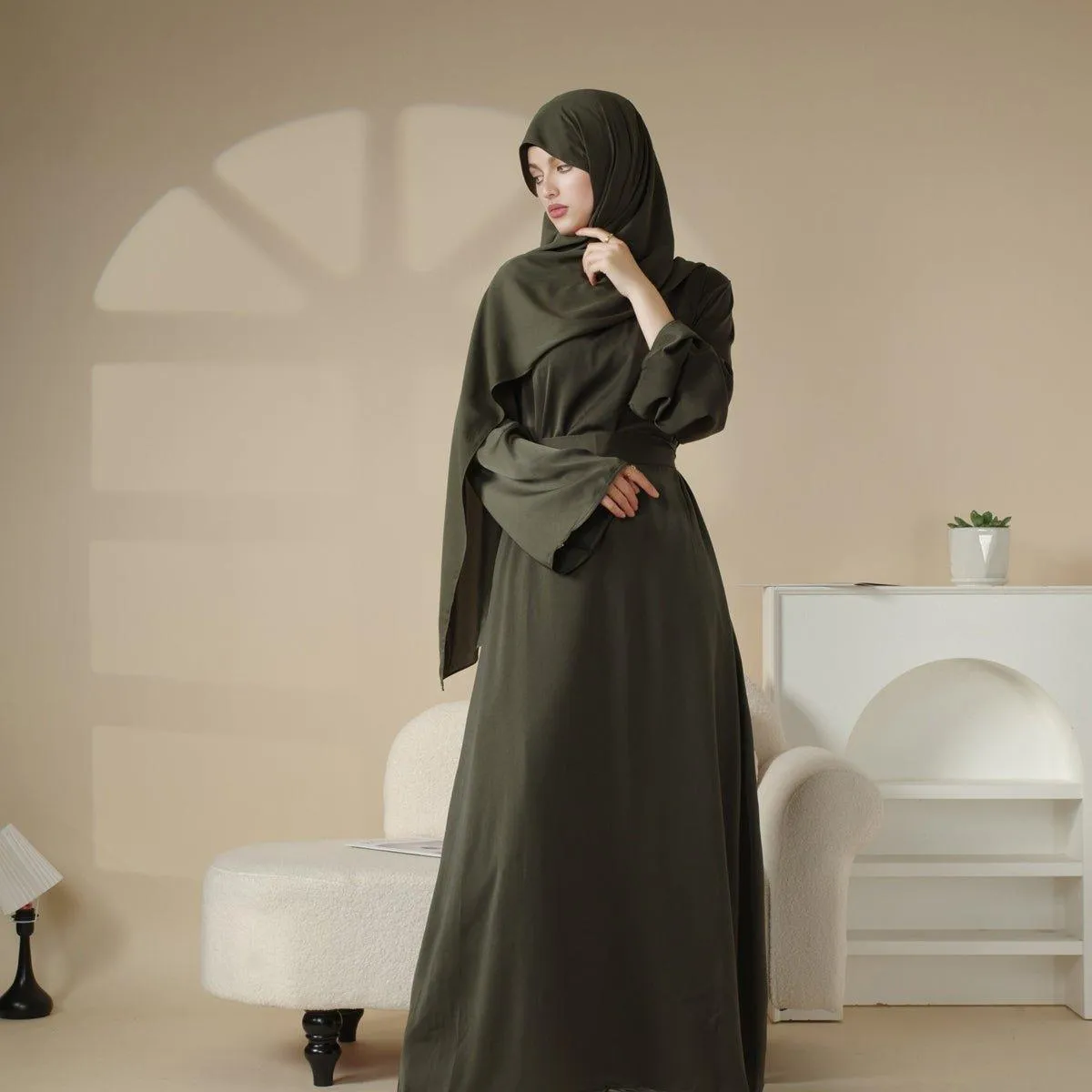 MA030 Satin Double Pocket Concealed Button Plain Abaya