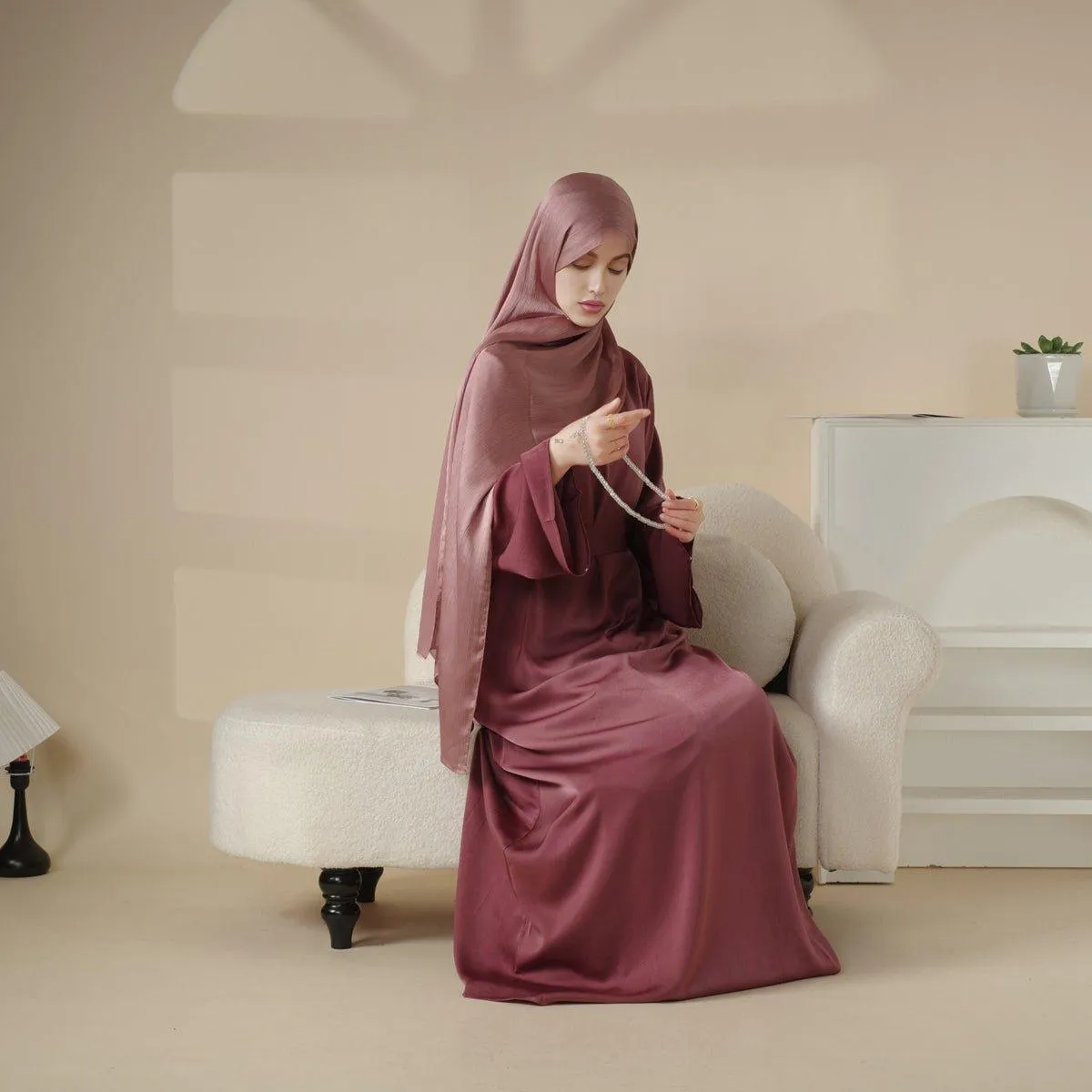 MA030 Satin Double Pocket Concealed Button Plain Abaya