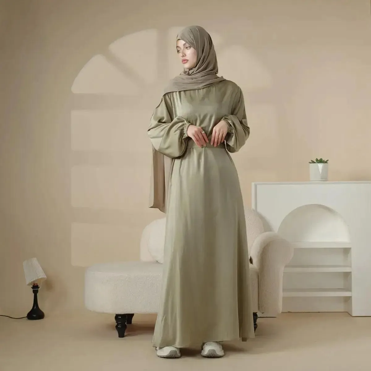 MA031 Puff Sleeve Satin Abaya with Pockets 2-Piece Set