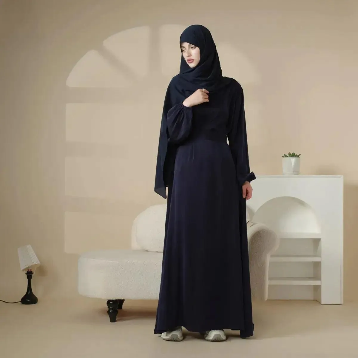 MA031 Puff Sleeve Satin Abaya with Pockets 2-Piece Set