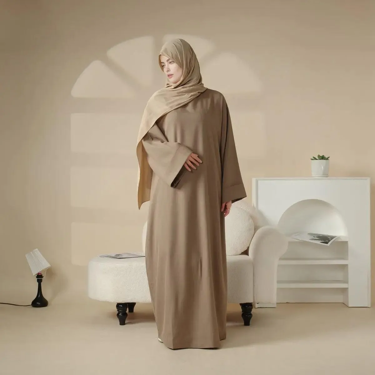 MA043 Linen Plain Abaya with Pockets 2-Piece Set