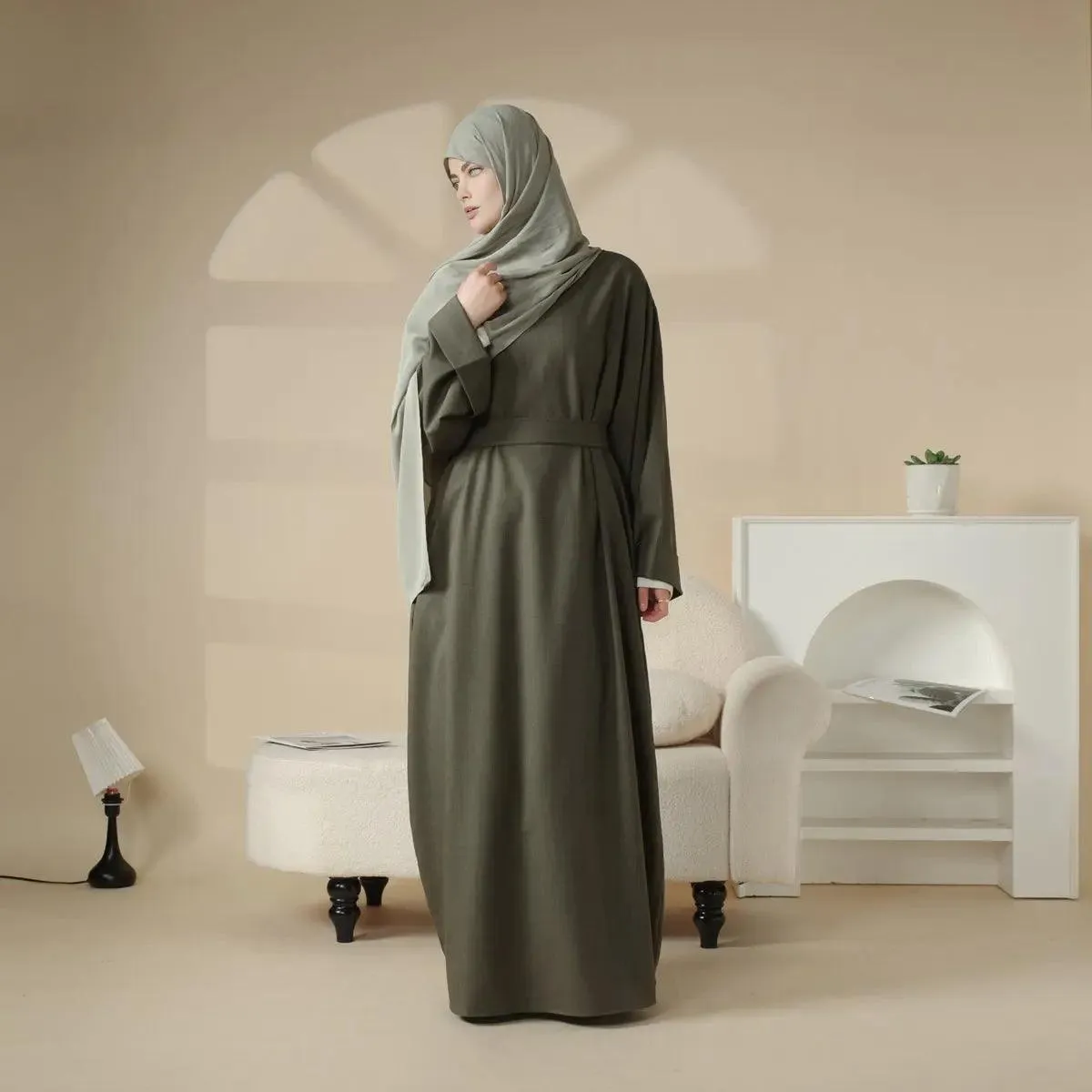 MA043 Linen Plain Abaya with Pockets 2-Piece Set