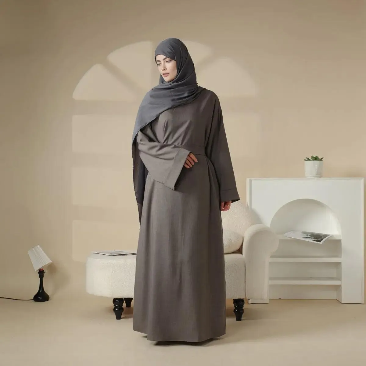 MA043 Linen Plain Abaya with Pockets 2-Piece Set