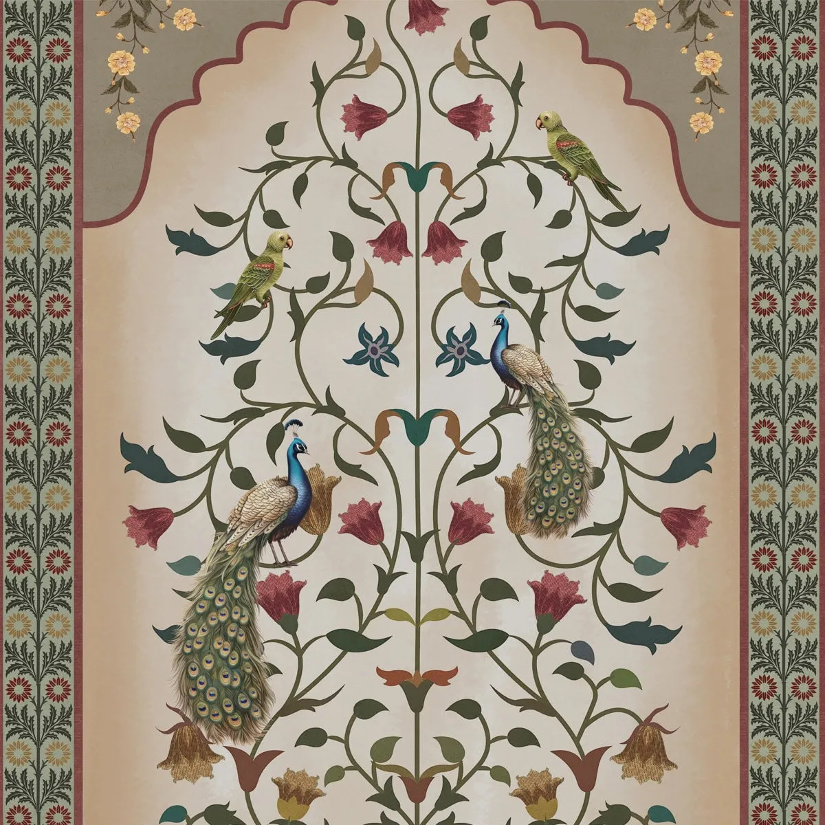 Madhuban Indian Floral Jharoka Wallpaper in Suneherii Collection in Green