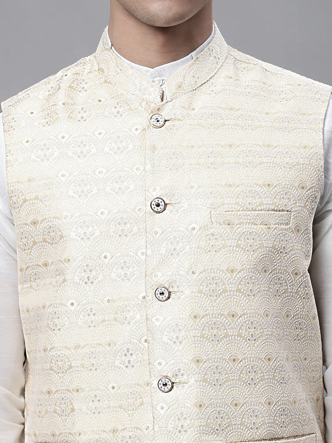 Men Yellow And White Woven Design Nehru Jacket