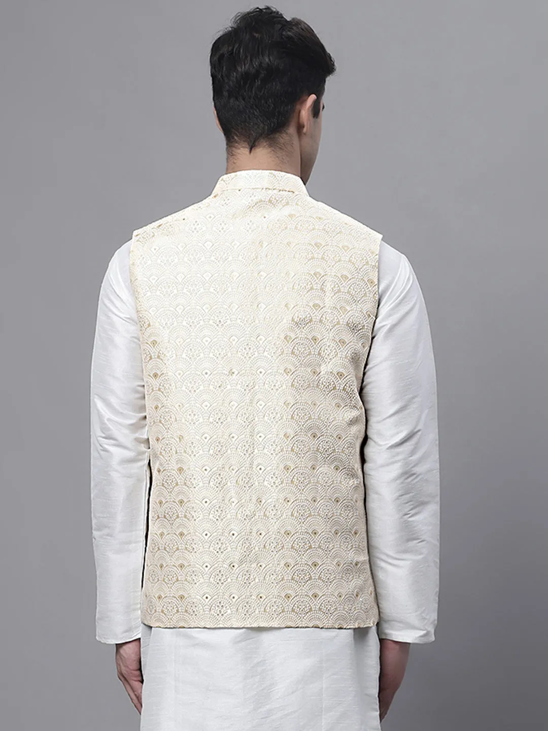 Men Yellow And White Woven Design Nehru Jacket