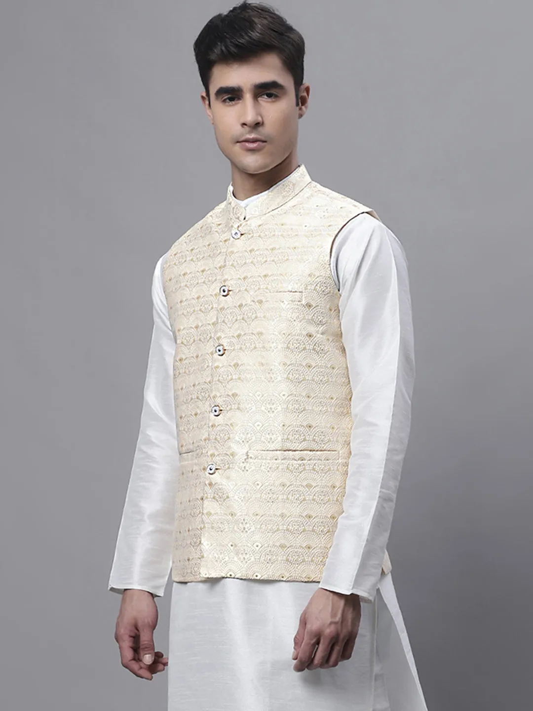 Men Yellow And White Woven Design Nehru Jacket