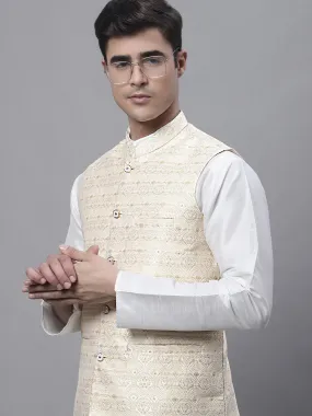 Men Yellow And White Woven Design Nehru Jacket