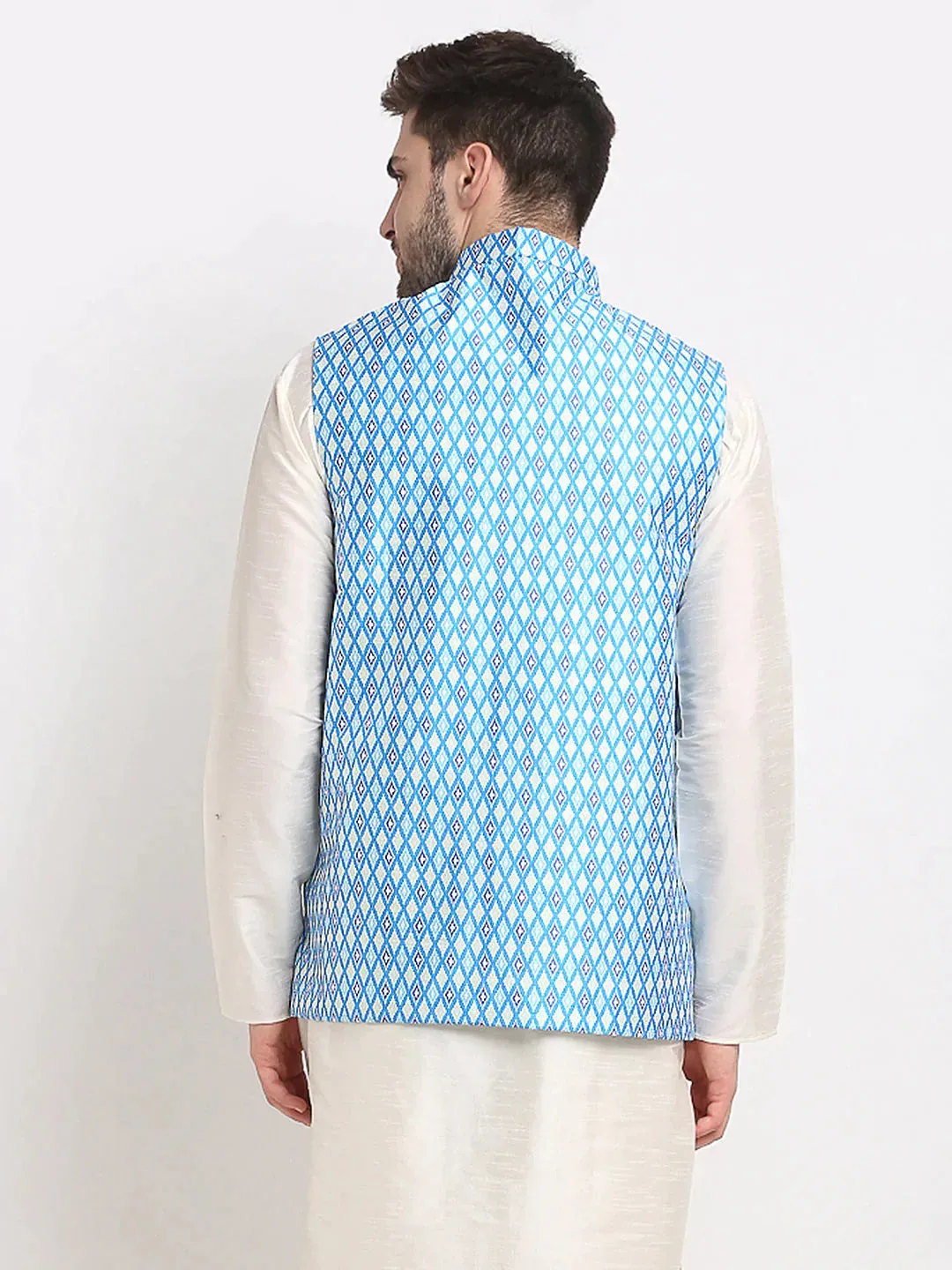 Men'S Blue Ikat Printed Nehru Jacket