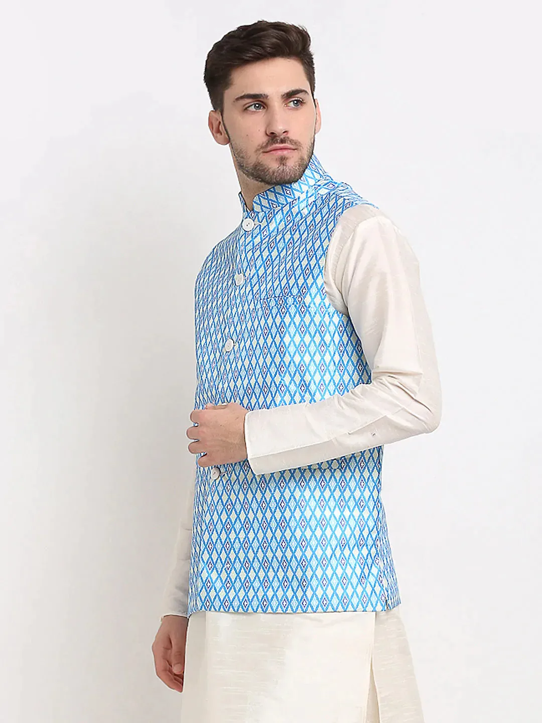 Men'S Blue Ikat Printed Nehru Jacket