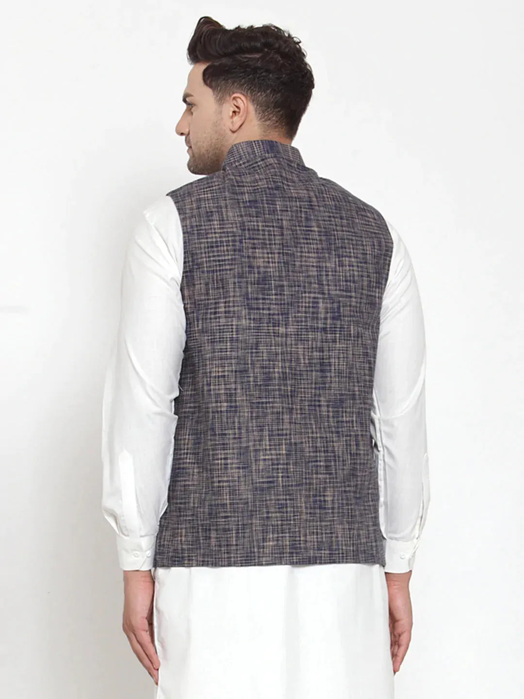 Men'S Blue Woven Design Nehru Jacket