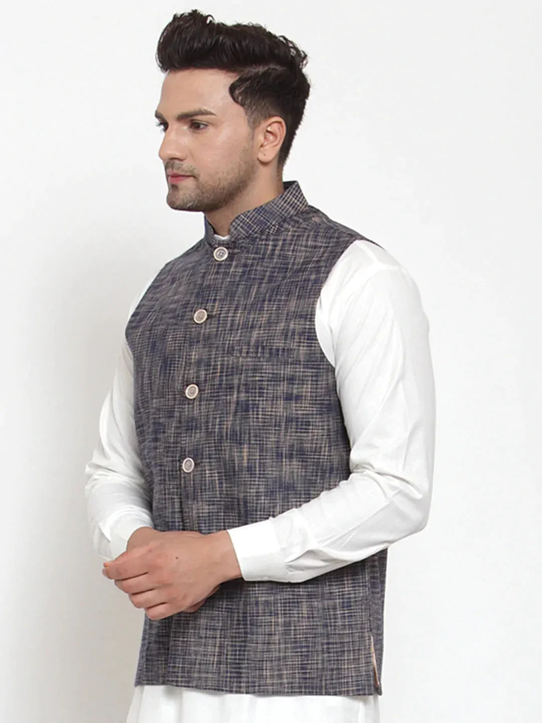 Men'S Blue Woven Design Nehru Jacket