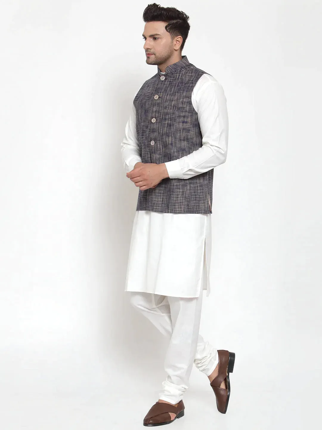 Men'S Blue Woven Design Nehru Jacket