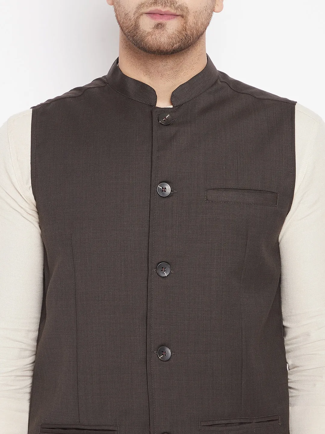 Men's Brown Color Woven Nehru Jacket - Even Apparels