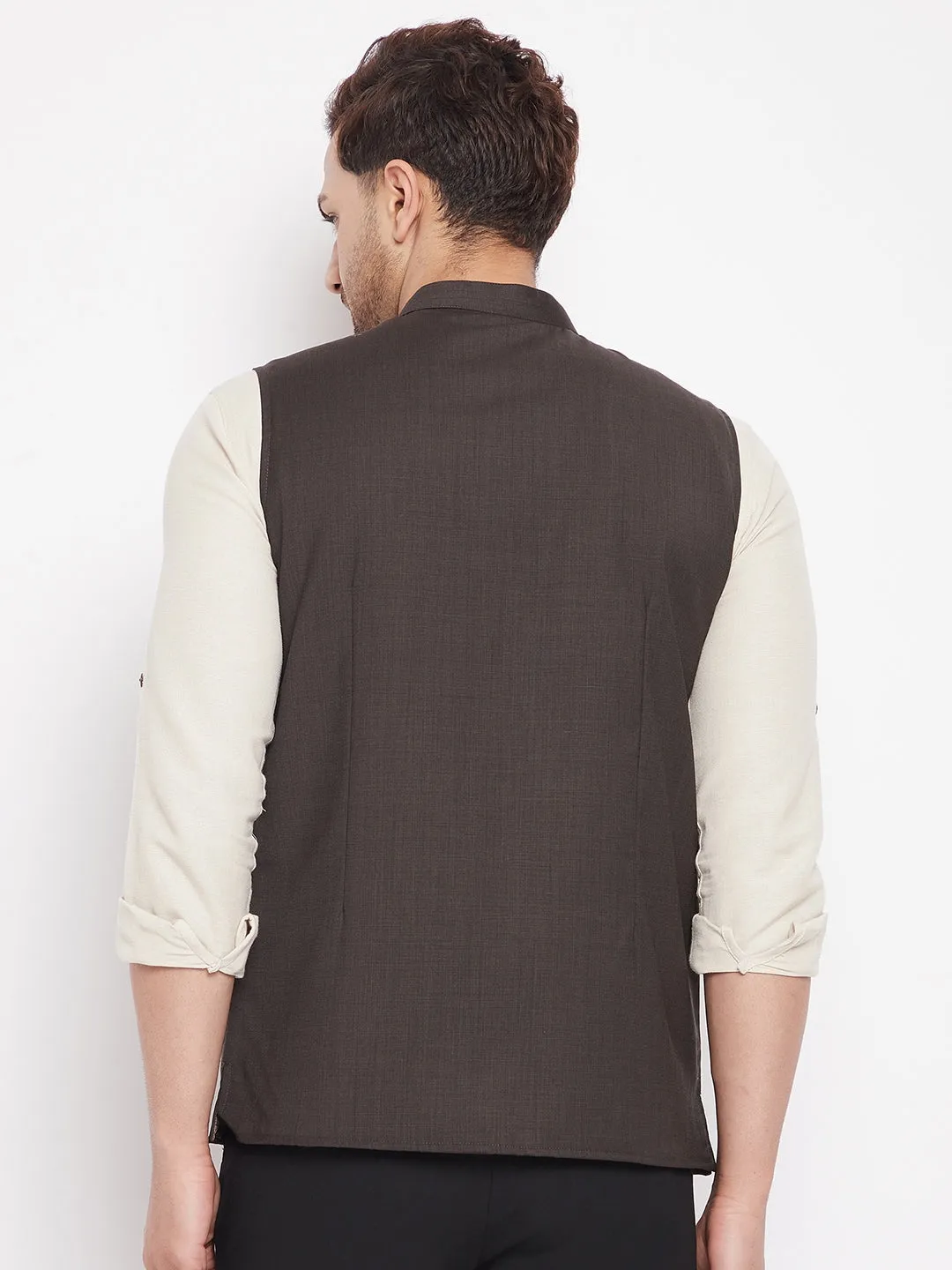 Men's Brown Color Woven Nehru Jacket - Even Apparels