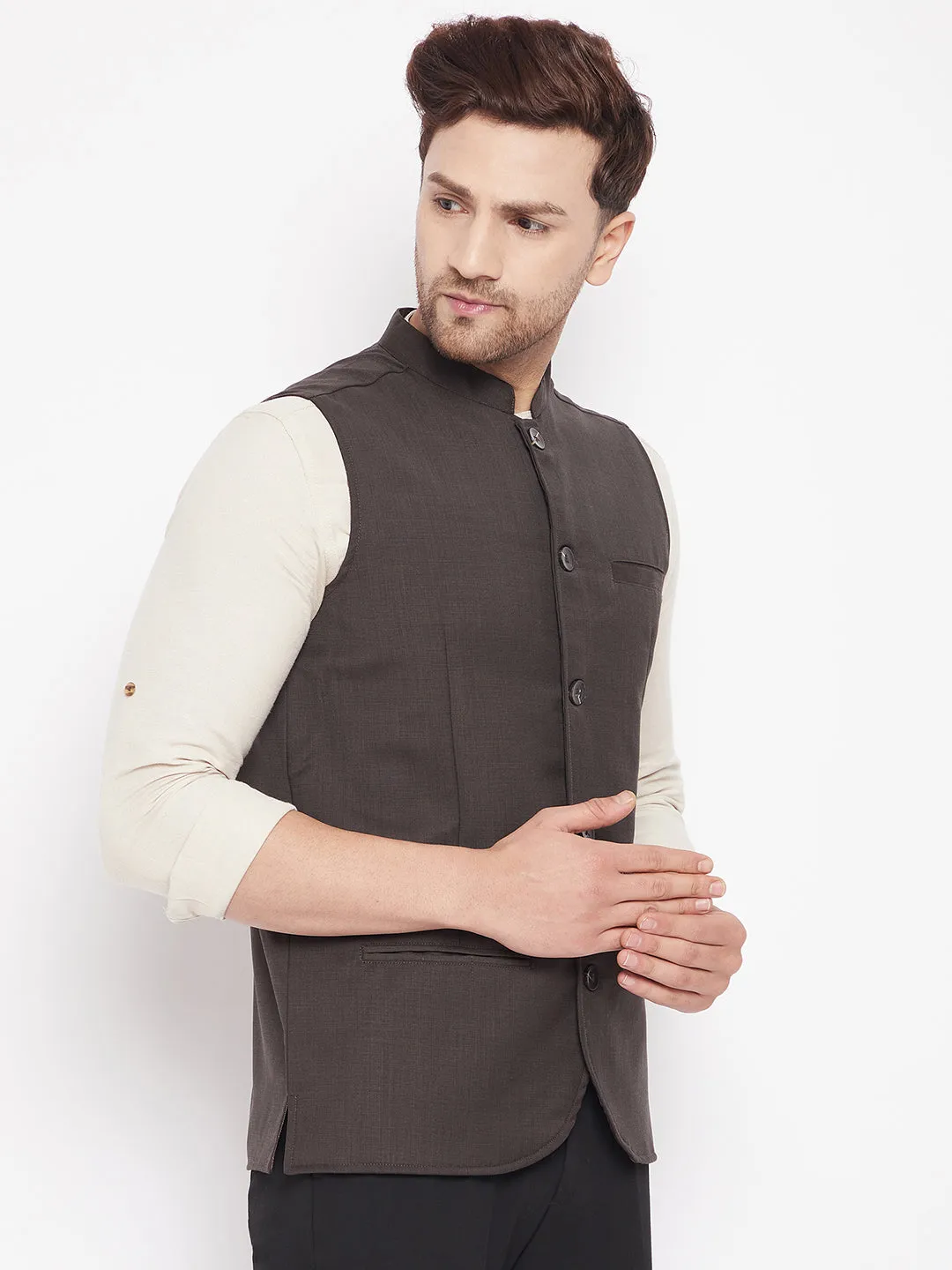 Men's Brown Color Woven Nehru Jacket - Even Apparels