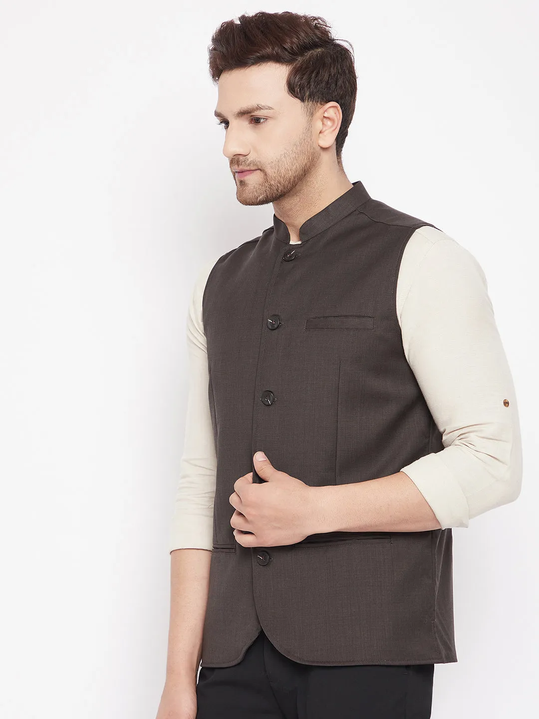 Men's Brown Color Woven Nehru Jacket - Even Apparels