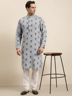 Men's Cotton Grey & Black Kurta  - Sojanya