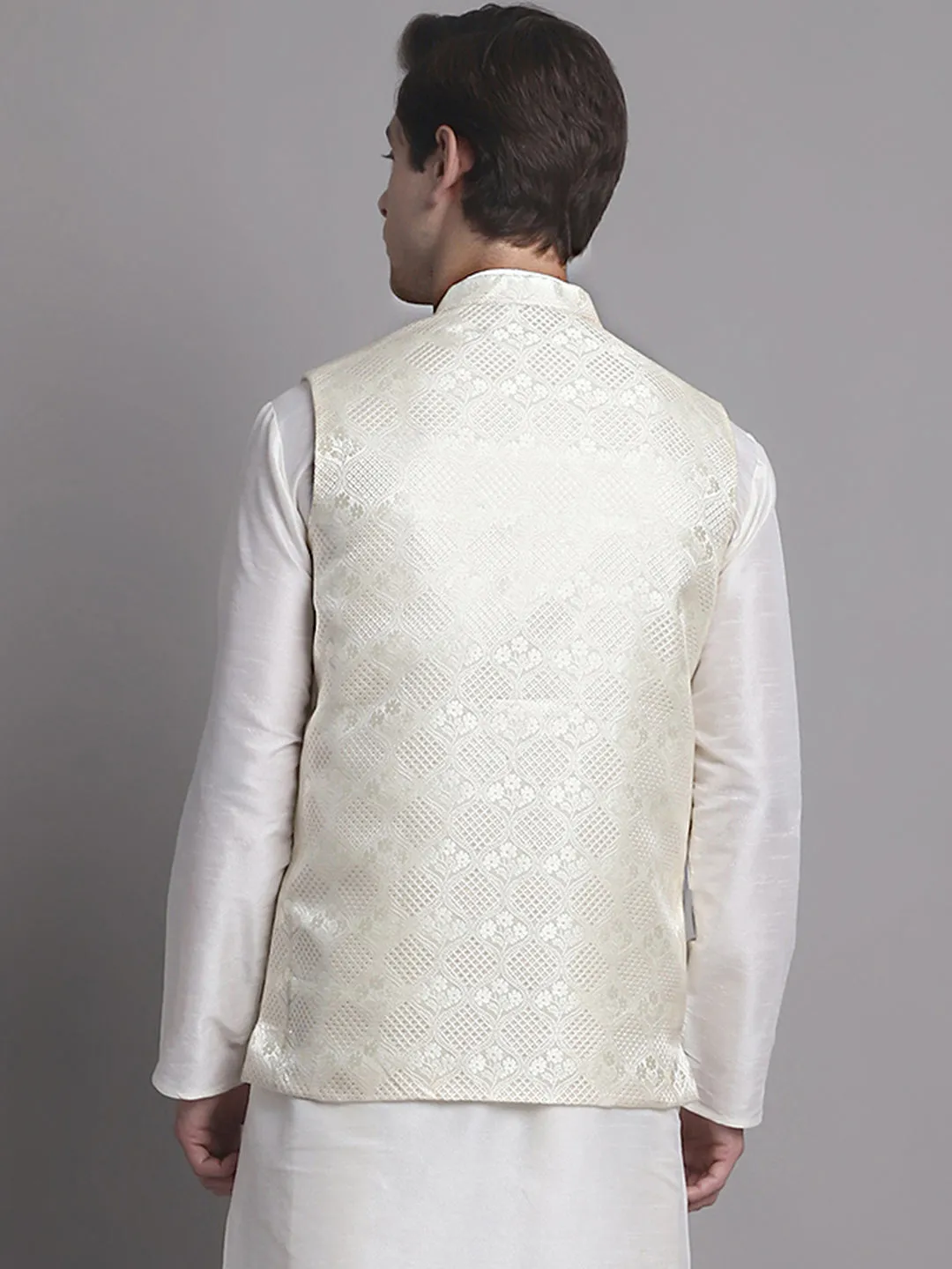 Men'S Cream Woven Design Nehru Jacket