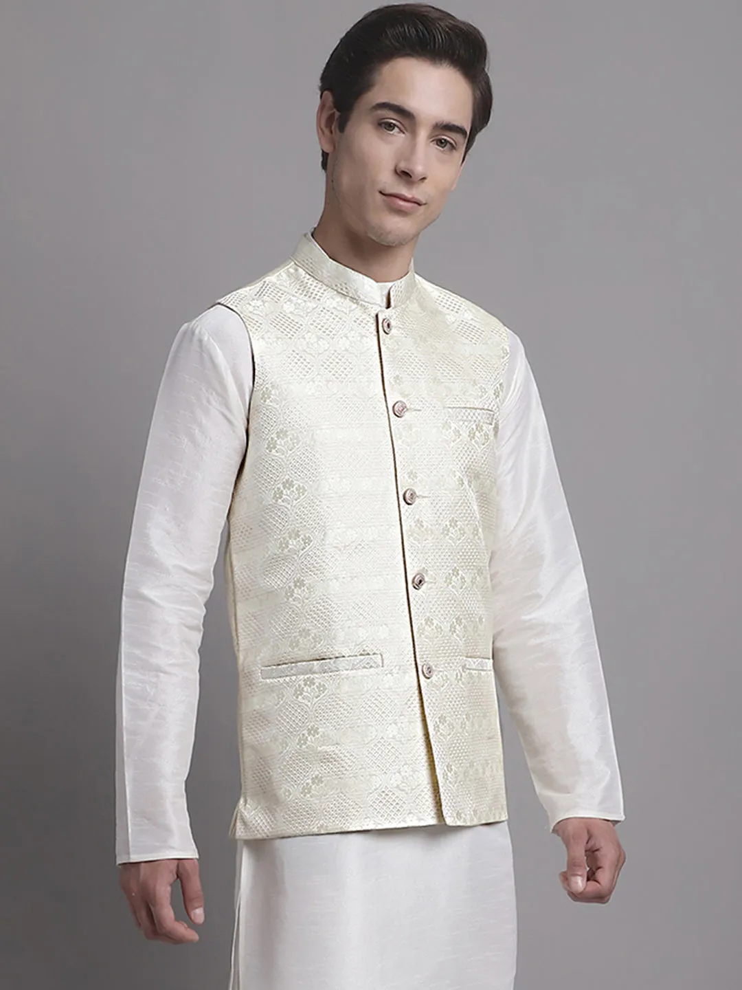 Men'S Cream Woven Design Nehru Jacket