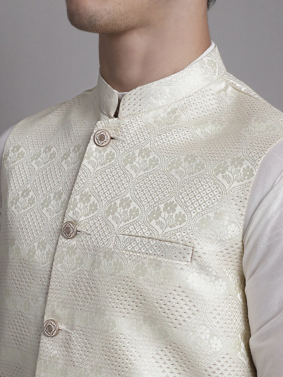 Men'S Cream Woven Design Nehru Jacket