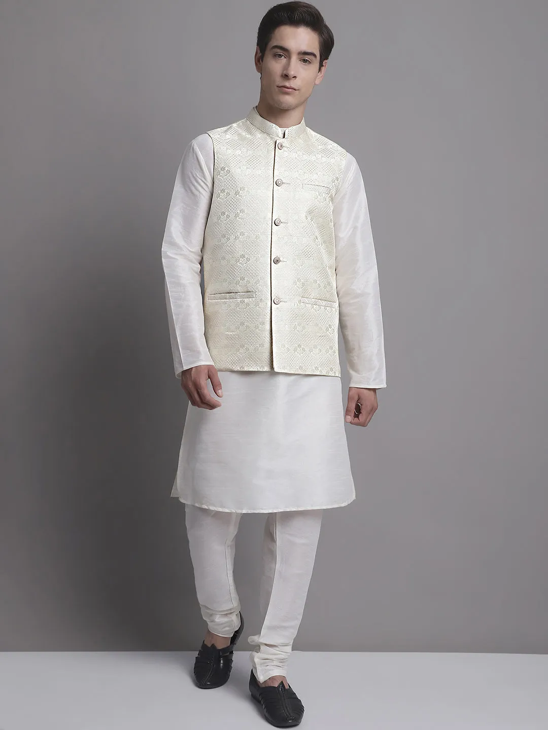 Men'S Cream Woven Design Nehru Jacket